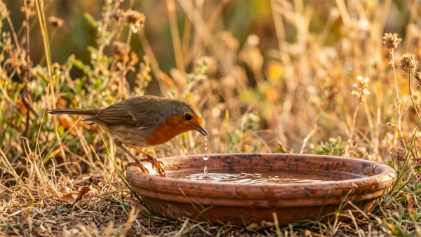 Rouge-gorge s'abreuvant pendant la canicule