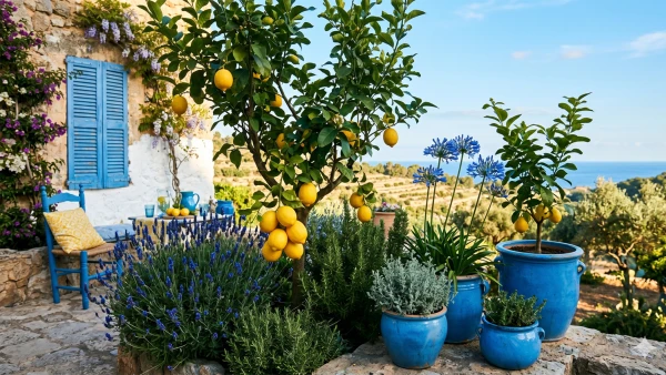 Le duo jaune et bleu transforme un jardin en paradis m�diterran�en