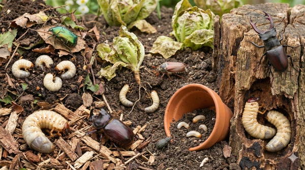 Les vers blancs : lucane cerf-volant, c�toine dor�e, hanneton commun, otiorhynque, rhinoc�ros