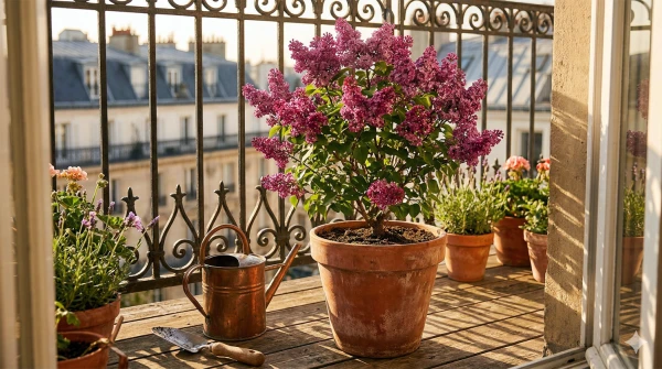 Pot de lilas commun en fleurs sur le balcon