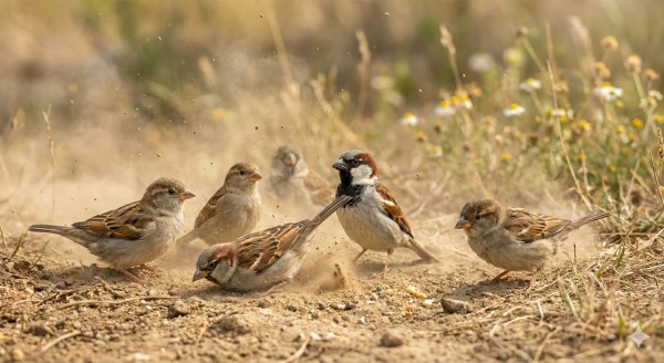 Moineaux, l'hygi&egrave;ne par la poussi&egrave;re