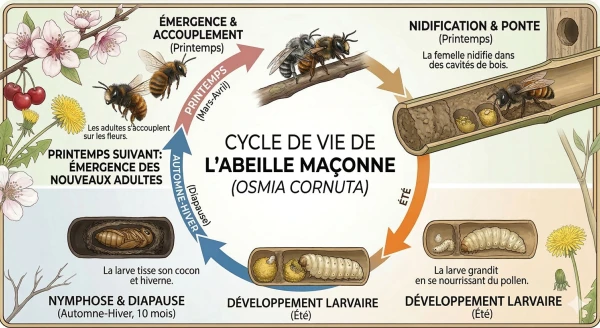 Cycle de vie de l'osmie cornue