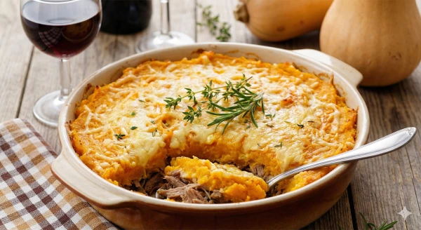 Parmentier de canard � la courge butternut gratin� au four