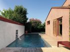 Piscine 10x3, filtration sans canalisation PFI, liner gris foncé, escalier maçonné d'angle, margelle pierre terre cuite. Bain de soleil CAGLIARI Piscine 10x3, filtration sans canalisation PFI, liner gris foncé, escalier maçonné d'angle, margelle pierre terre cuite. Bain de soleil CAGLIARI