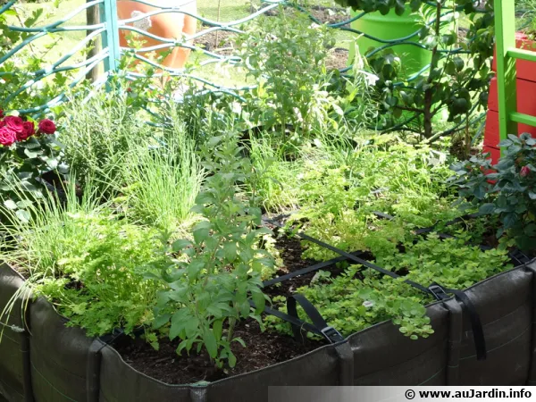 Un grand bac en textile et des carrs potagers sur le balcon, pourquoi pas ?