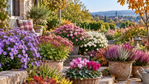 Jardin d'automne fleuri avec asters, sedums et cyclamens