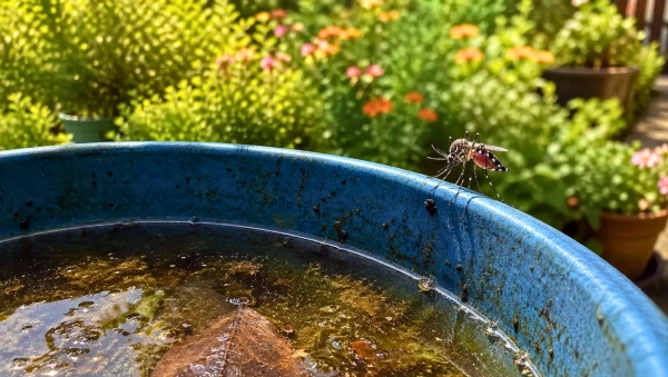 Moustique tigre sur seau d'eau stagnante - pi�ge naturel au jardin