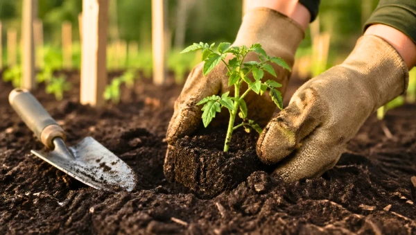 Plantation d'un jeune plant de tomate dans un potager au printemps