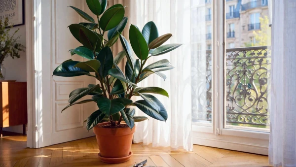 Un ficus elastica baign� de lumi�re dans un salon parisien au printemps
