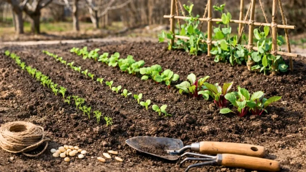 Premiers semis de l�gumes en mars dans un potager au d�but du printemps