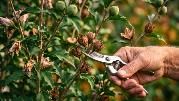 Une capsule de graines d'hibiscus retir�e au s�cateur en fin de floraison