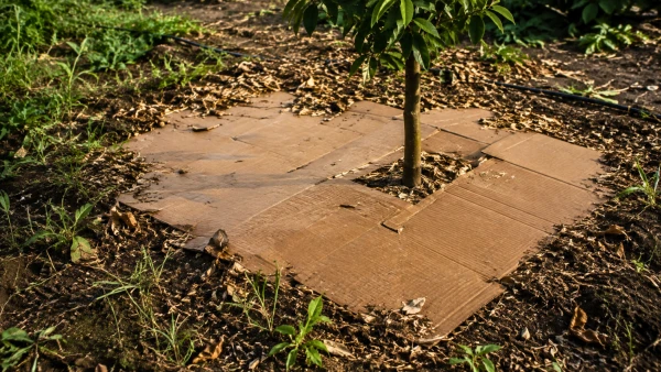 Le carton d'emballage utilis� comme paillage naturel contre les mauvaises herbes