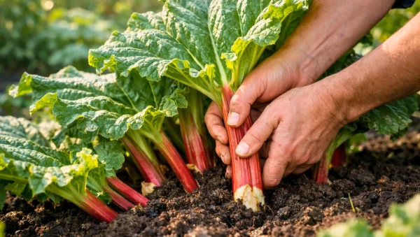 R�colte de rhubarbe au potager au printemps