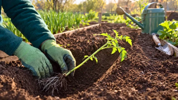 Plantation d'un jeune plant de tomate dans un potager au printemps