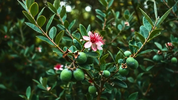 Feijoa (Acca sellowiana) : fleur comestible et fruits en formation