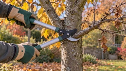 Fin octobre, quelques arbres de jardin gagnent � �tre all�g�s pour r�sister au vent et � la neige, d'autres doivent attendre