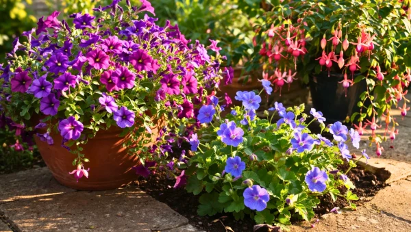 Terrasse printani�re fleurie avec surfinias, g�ranium Rozanne et fuchsias