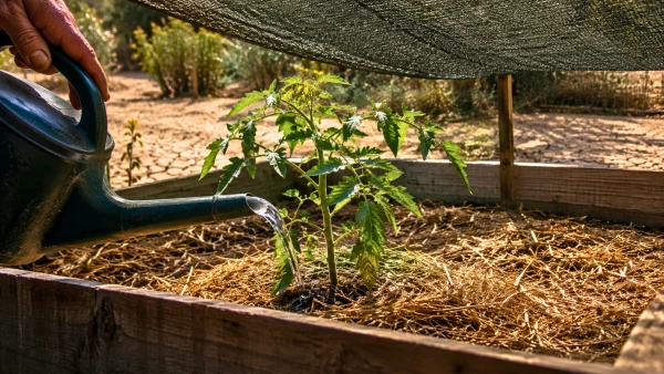 Arroser une jeune tomate sous un filet d'ombrage pendant la canicule