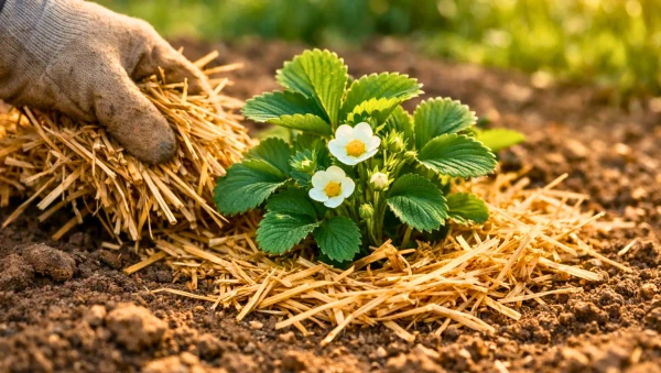 Paillage de paille autour d'un fraisier en fleurs dans un potager au printemps
