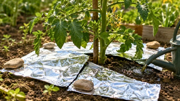 Aluminium au pied des tomates au potager