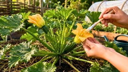 Un geste doux au pinceau aide les fleurs de courgette � former des fruits quand le printemps reste frais, m�me humide