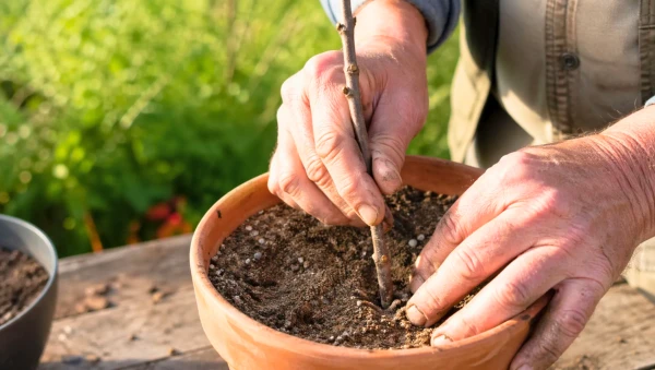 Plantation d'une bouture de figuier dans un pot en terre cuite au printemps
