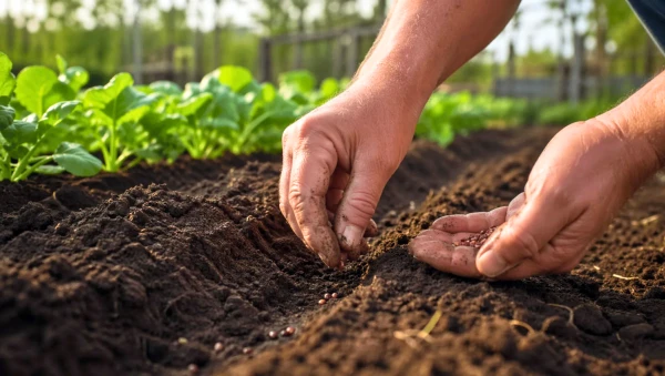 Semis de graines de radis � la main dans un potager au printemps