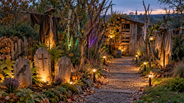 Un jardin transform� pour Halloween avec du bois, des branches et des lumi�res solaires