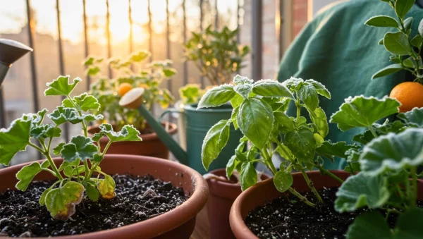 Plantes en pot touch�es par le givre lors d'une premi�re nuit froide
