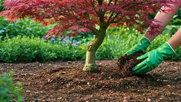 Paillage d'un �rable japonais pour prot�ger ses feuilles en �t�