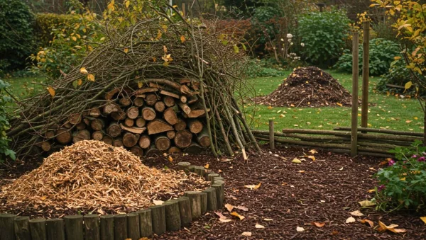 Tas de branches et copeaux de bois au jardin : un paillage naturel et un abri pour la faune en automne
