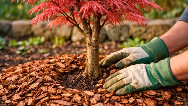 Paillage au pied d'un �rable du Japon pour prot�ger ses racines au printemps