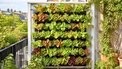 En mai, ce montage de potager vertical garde les salades � port�e de main sur un balcon �troit et lumineux en ville
