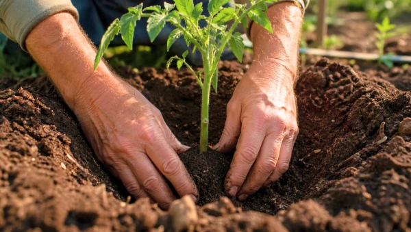 Plantation d'un plant de tomate dans un potager au printemps