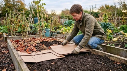 En octobre, couvrir la terre avec du carton peut pr�parer un potager plus facile � travailler