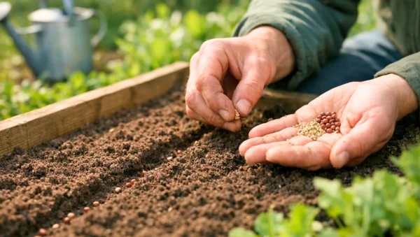 Semis de radis et de laitue dans un potager au printemps