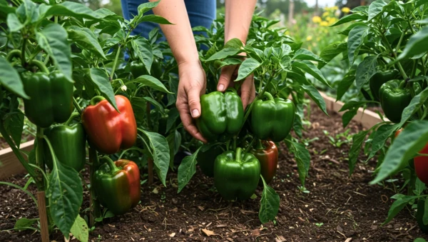R�colte de poivrons doux au potager : plants productifs et fruits m�rissants