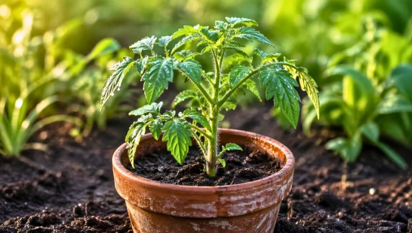 Jeune plant de tomate en pot dans un jardin ensoleill�