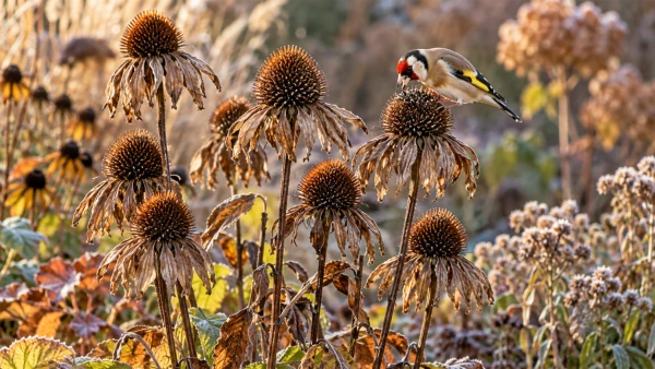 Des �chinac�es fan�es qui nourrissent les oiseaux en automne
