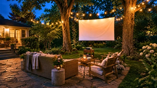 Un cin�ma en plein air install� entre deux arbres dans un jardin