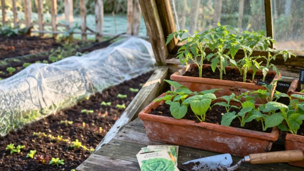 Semis de printemps dans un potager fran�ais baign� par la lumi�re du matin