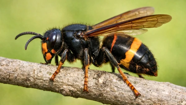 Un frelon asiatique en macro sur une branche au printemps