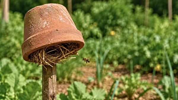 Un pot en terre cuite transform� en refuge naturel pour les pollinisateurs du potager