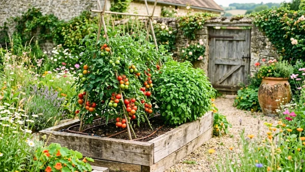Tomates et basilic dans un carr� potager au jardin