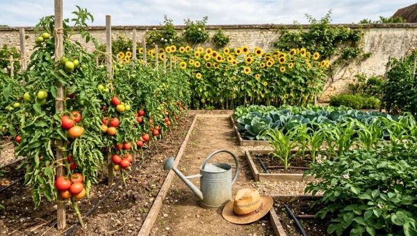 Un potager avec tomates, tournesols et l�gumes en carr�s