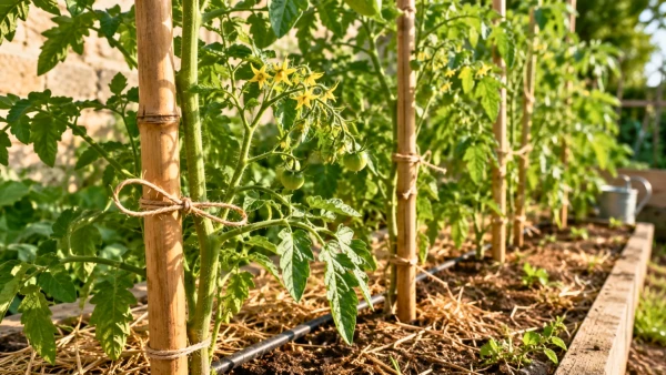Tomates tuteur�es au bambou au potager