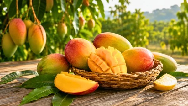 Mangues m�res dans un panier avec feuilles de manguier au verger tropical.