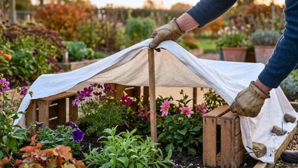 Un vieux drap pour prot�ger les plantes de la premi�re gel�e