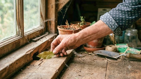 Une feuille de laurier utilis�e comme r�pulsif naturel dans un abri de jardin