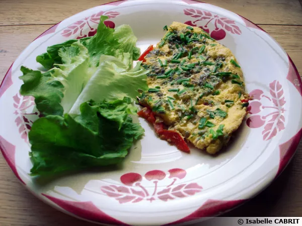 Omelette aux fleurs de ciboulette et aux poivrons grills  l'huile